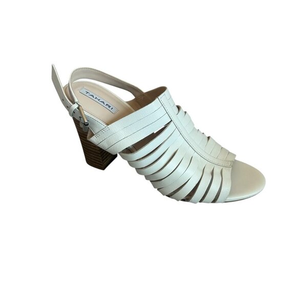 Tahari Makailyn Strappy White High Heel Sandals Leather Wood Block Heel Size 9.5 - Picture 7 of 11